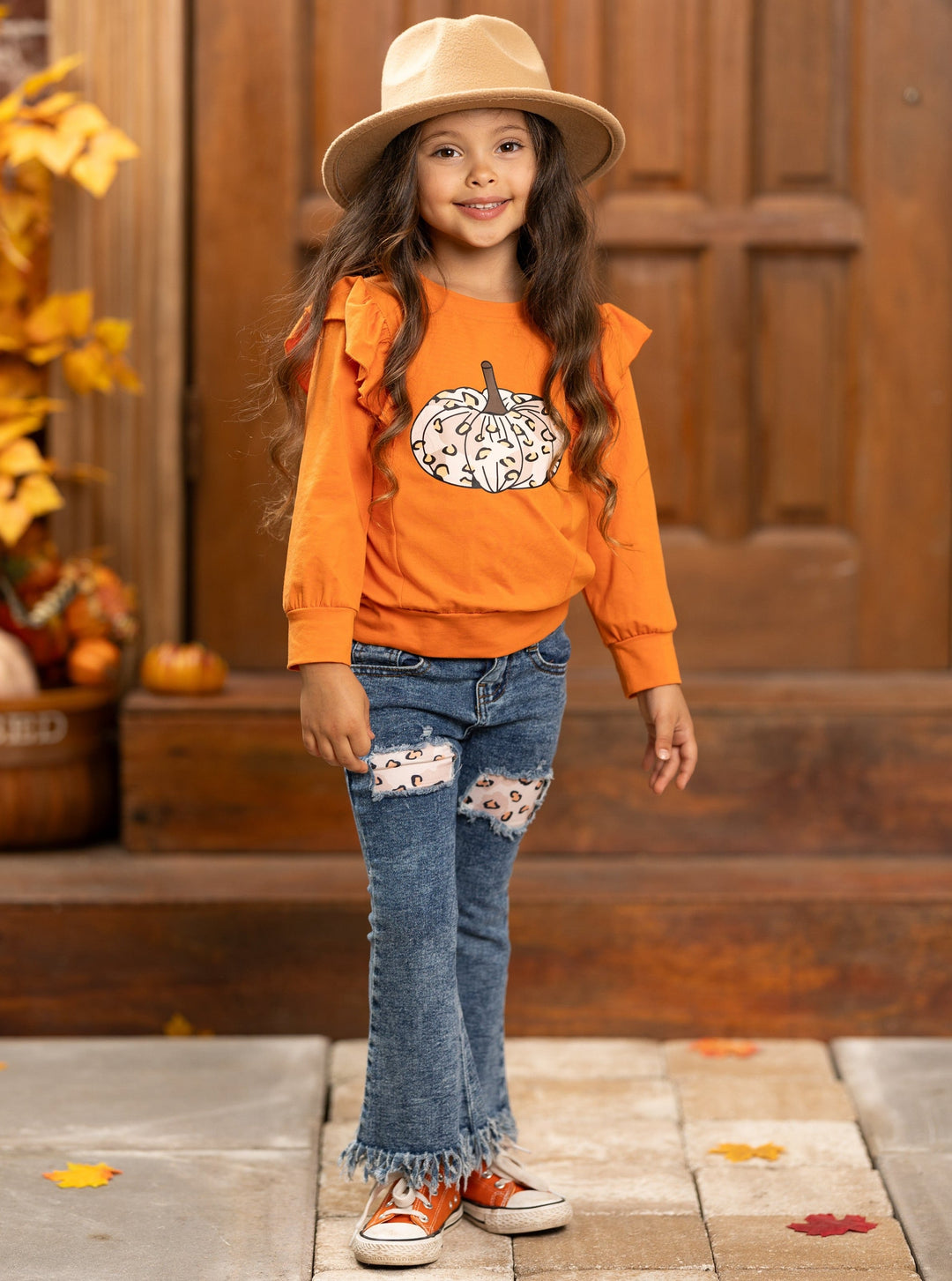 Pumpkin Party Pullover & Patched Fringe Hem Jeans Set - Mia Belle Girl…