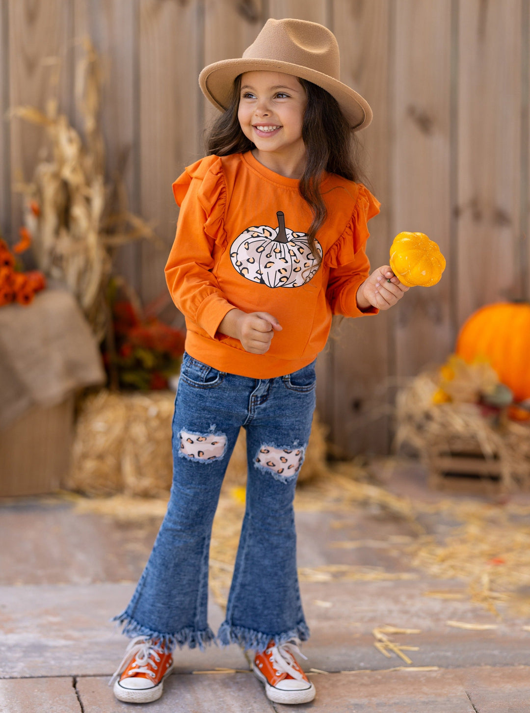 Pumpkin Party Pullover & Patched Fringe Hem Jeans Set - Mia Belle Girl…