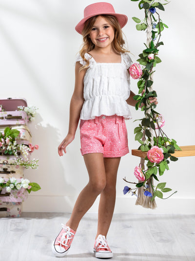 Kids Couture x Mia Belle Girls Pink Jacquard Button Fly Shorts