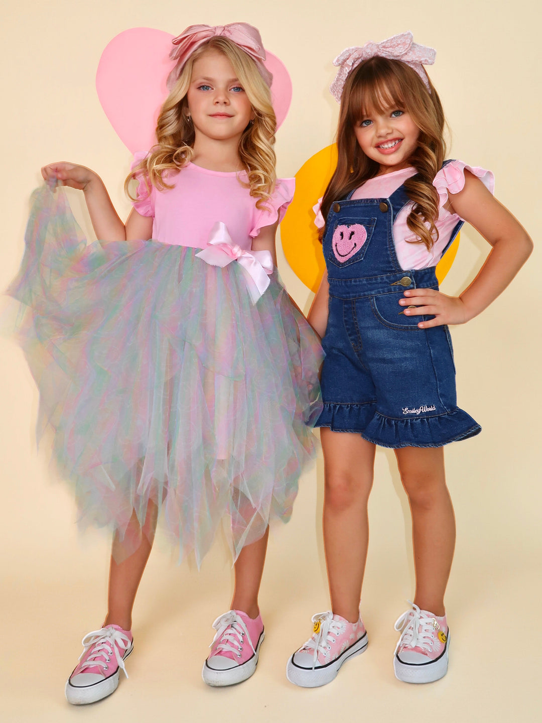 SmileyWorld® Pink Top And Denim Overall Short Set | Mia Belle Girls