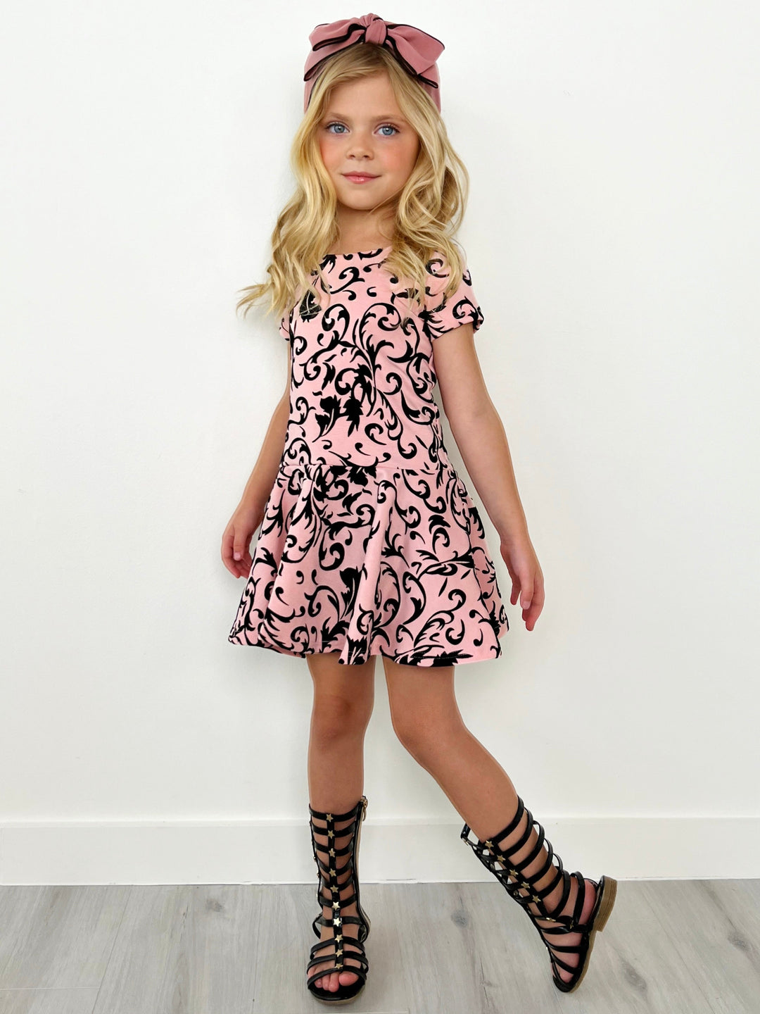 KidsCouture x Mia Belle Girls Pink Black Velvet Paisley Dress