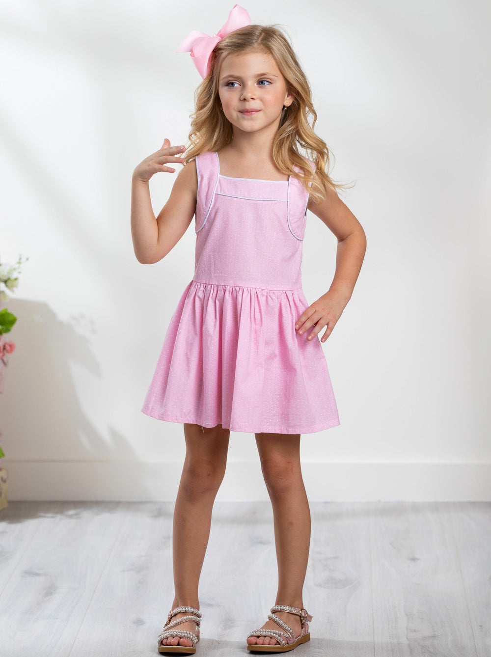 Kids Couture x Mia Belle Girls Pink Microdot Ruffle Dress