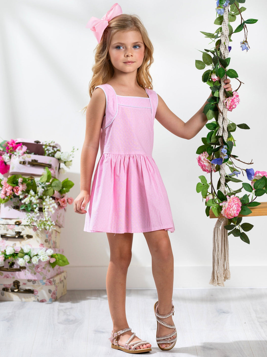 Kids Couture x Mia Belle Girls Pink Microdot Ruffle Dress