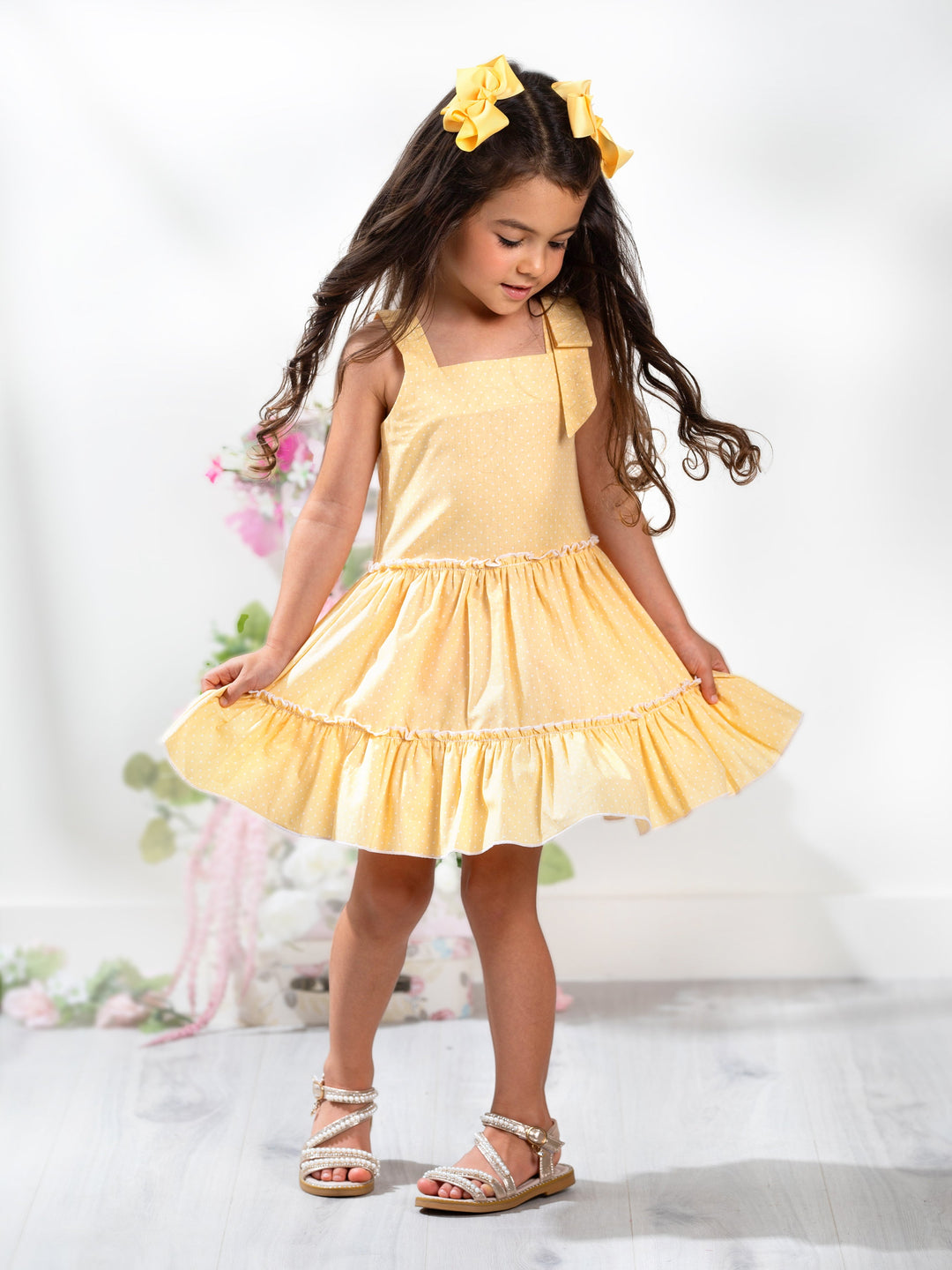 KidsCouture x Mia Belle Girls Yellow Polka Dot Smocked Ruffle Dress