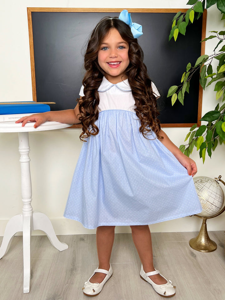 Blaues gepunktetes Kleid mit Peter-Pan-Kragen von Kids Couture 