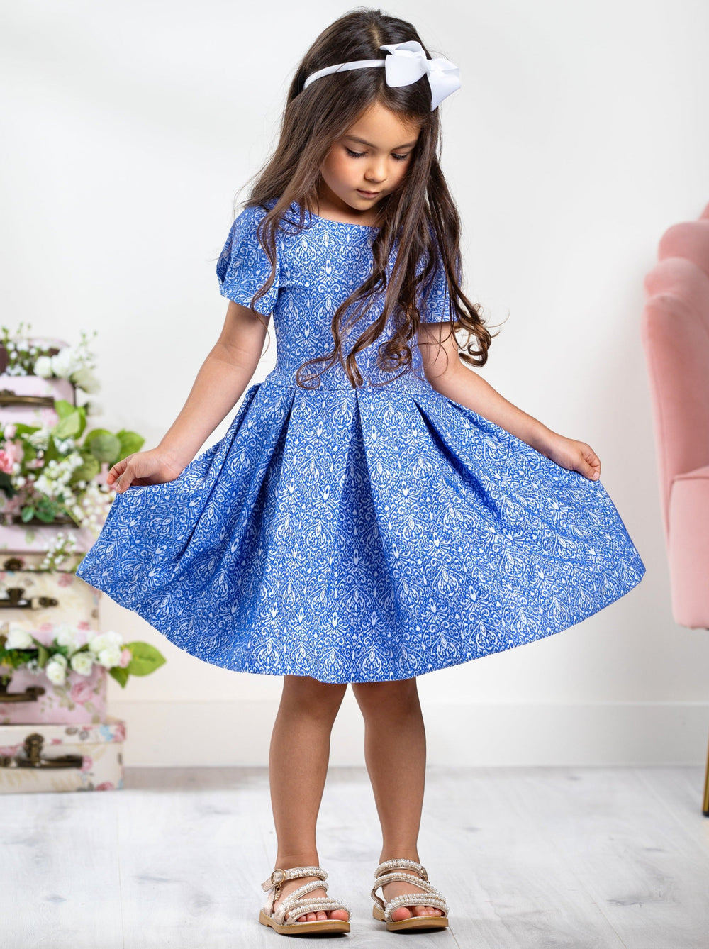 Kids Couture x Mia Belle Girls Blue Brocade Pleated Midi Dress