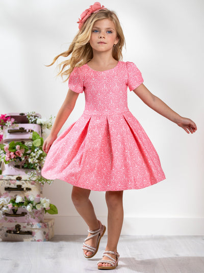 Kids Couture x Mia Belle Girls Pink Jacquard Pleated Midi Dress