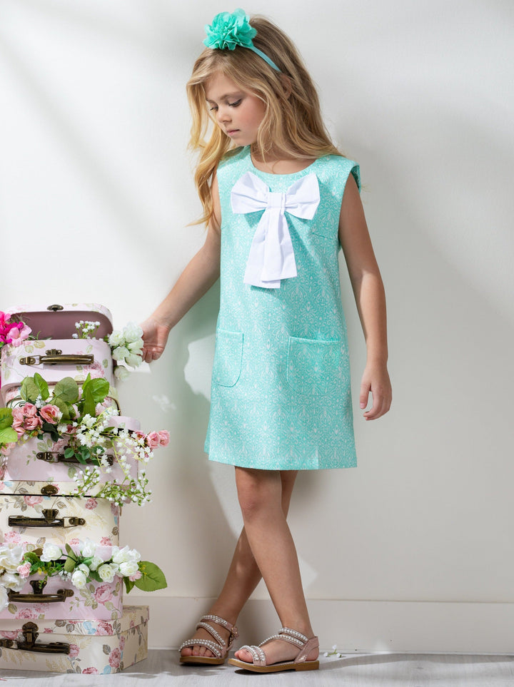 Kids Couture x Mia Belle Girls Big Bow Mint Jacquard Dress