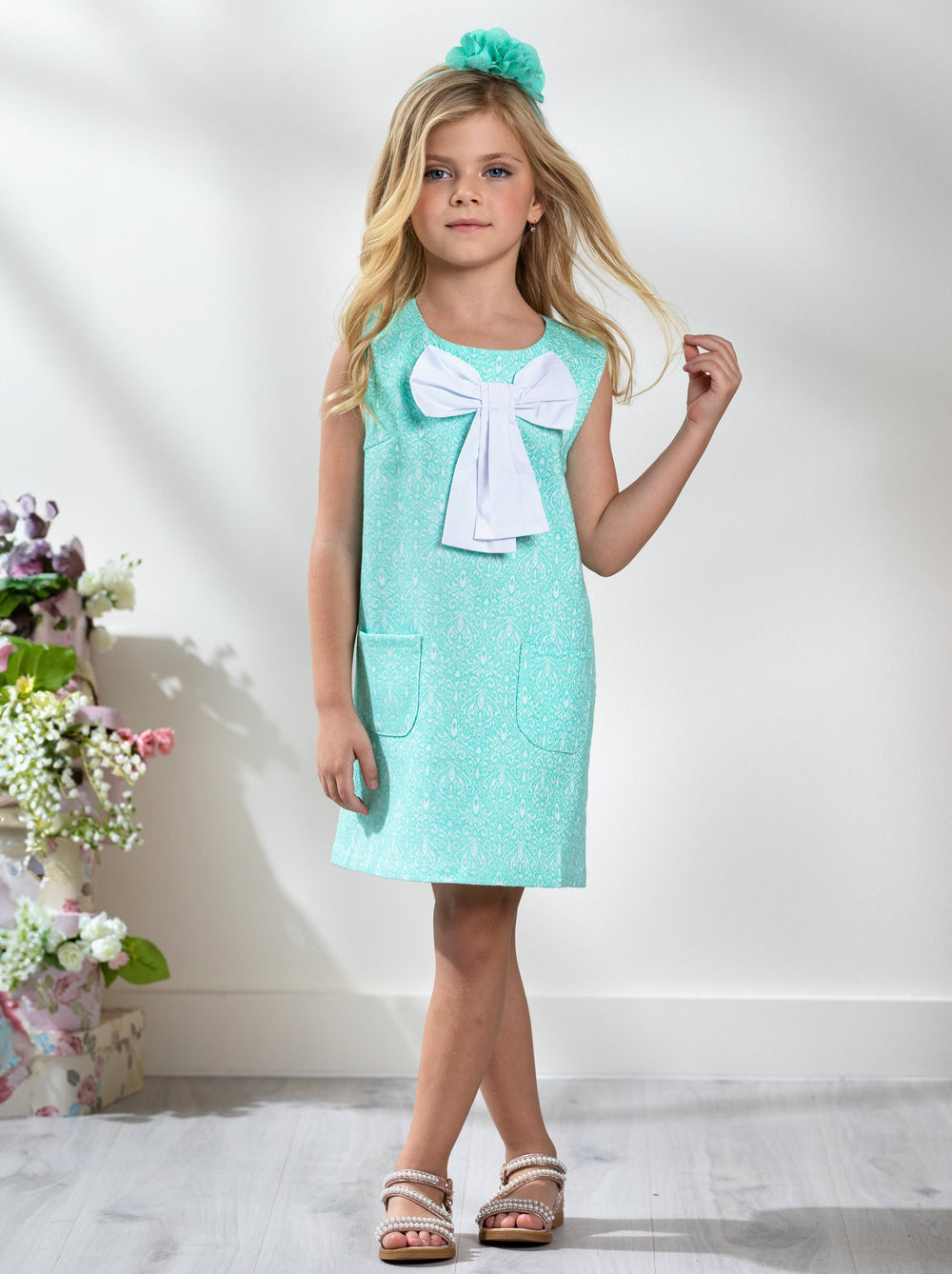 Kids Couture x Mia Belle Girls Big Bow Mint Jacquard Dress