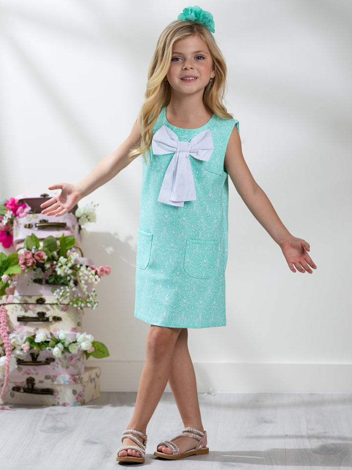 Kids Couture x Mia Belle Girls Big Bow Mint Jacquard Dress