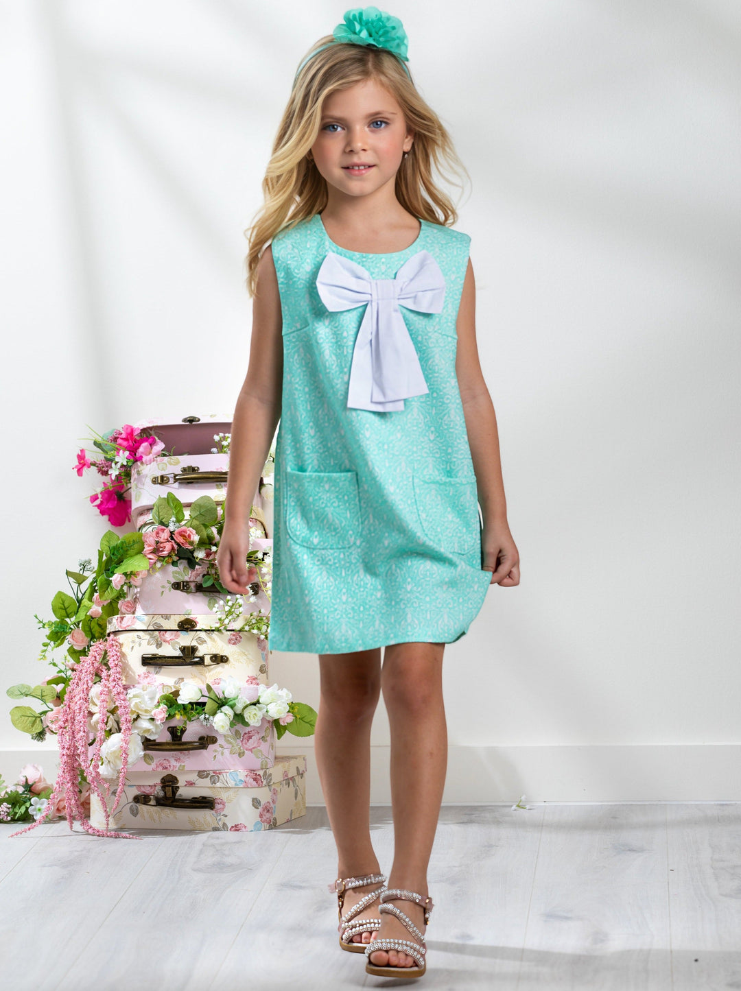 Kids Couture x Mia Belle Girls Big Bow Mint Jacquard Dress