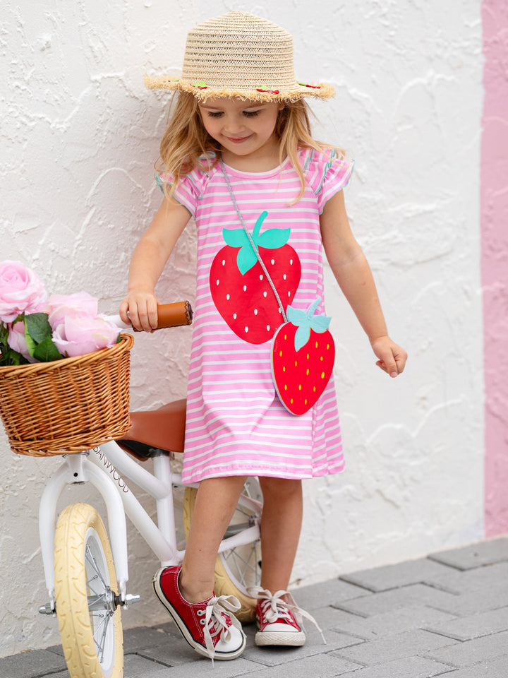 Mia Belle Girls Strawberry Striped Dress And Purse | Girls Spring Sets