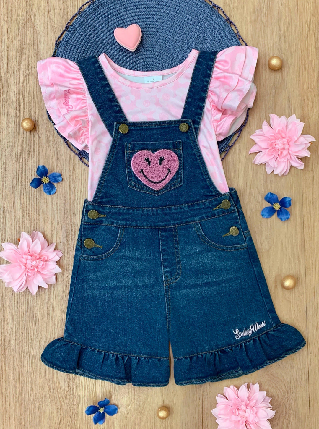 SmileyWorld® Pink Top And Denim Overall Short Set | Mia Belle Girls