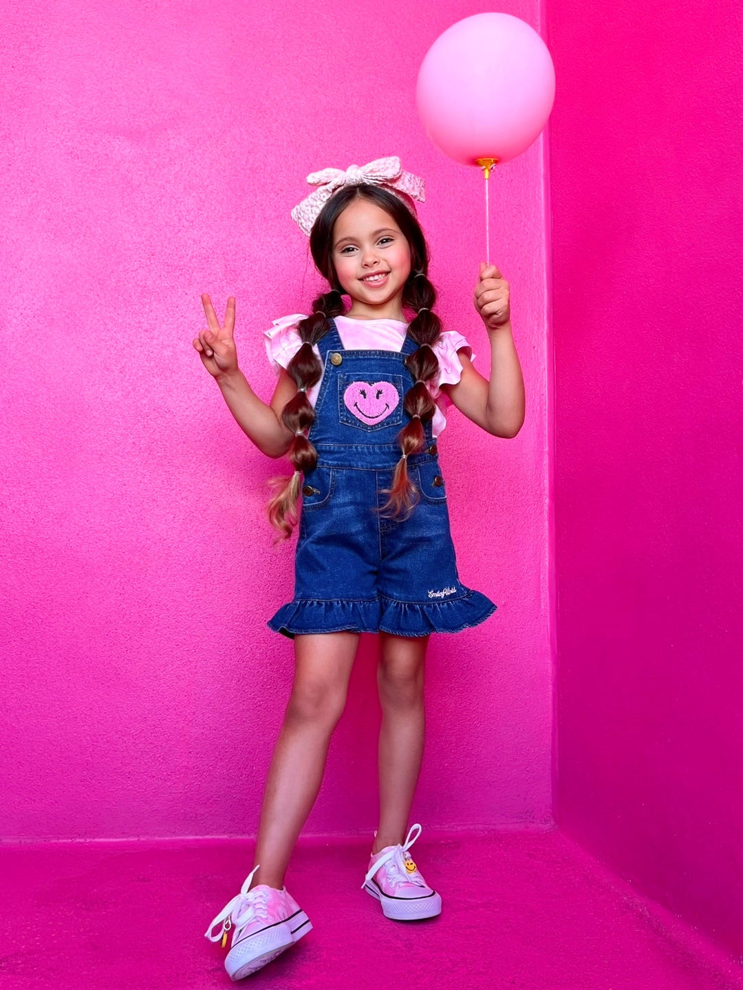 SmileyWorld® Pink Top And Denim Overall Short Set | Mia Belle Girls