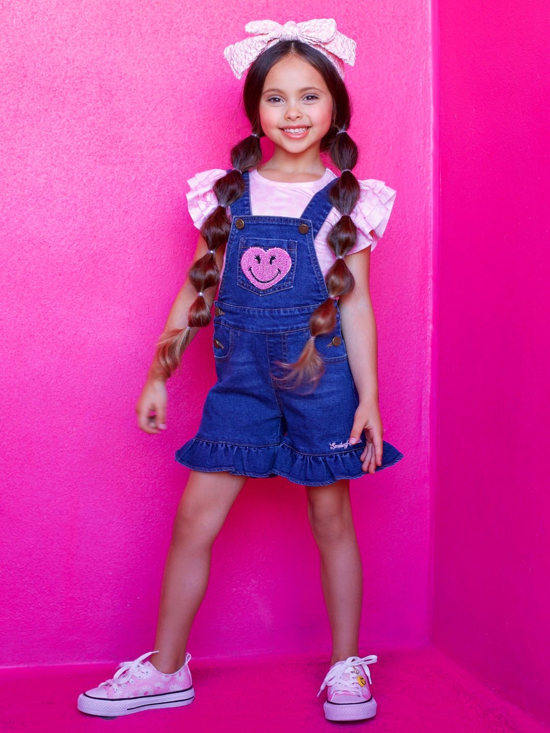 SmileyWorld® Pink Top And Denim Overall Short Set | Mia Belle Girls