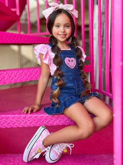 SmileyWorld® Pink Top And Denim Overall Short Set | Mia Belle Girls