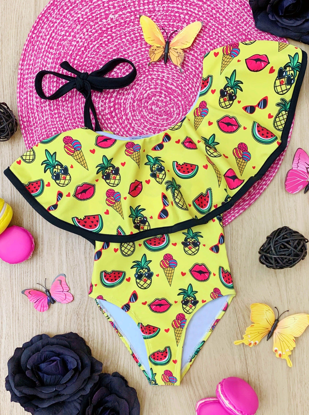 Toddler Swimwear | Girls Tropic Emoji Shoulder One Piece Swimsuit