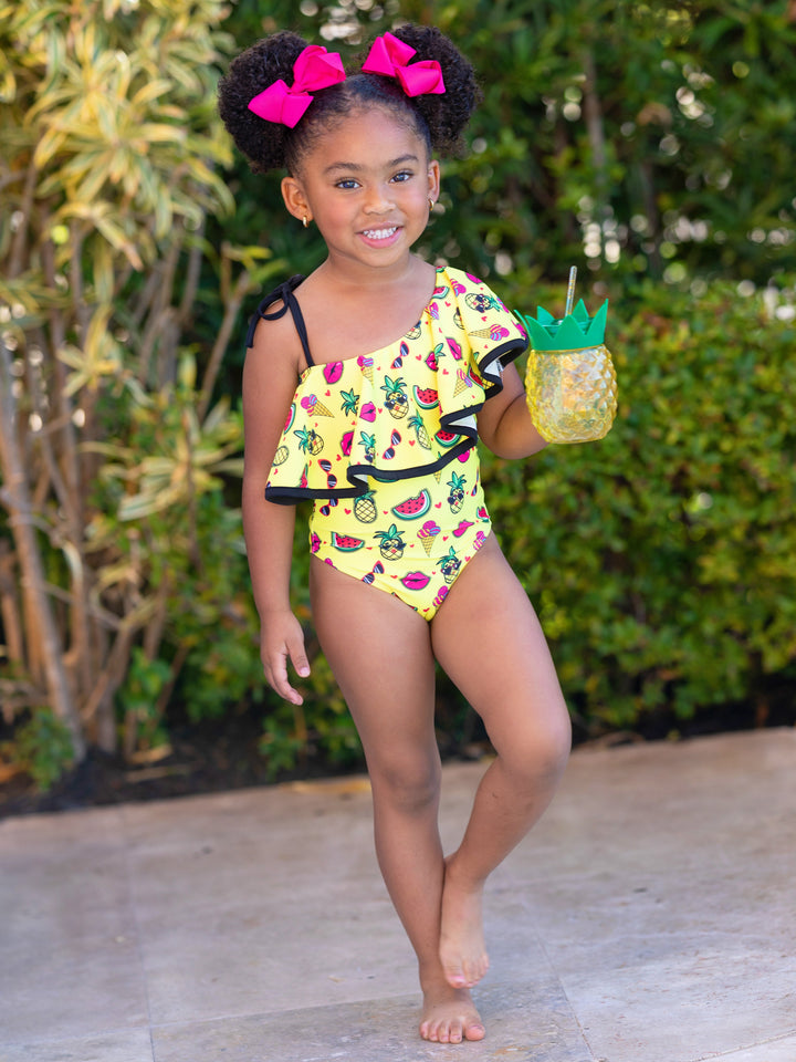 Toddler Swimwear | Girls Tropic Emoji Shoulder One Piece Swimsuit