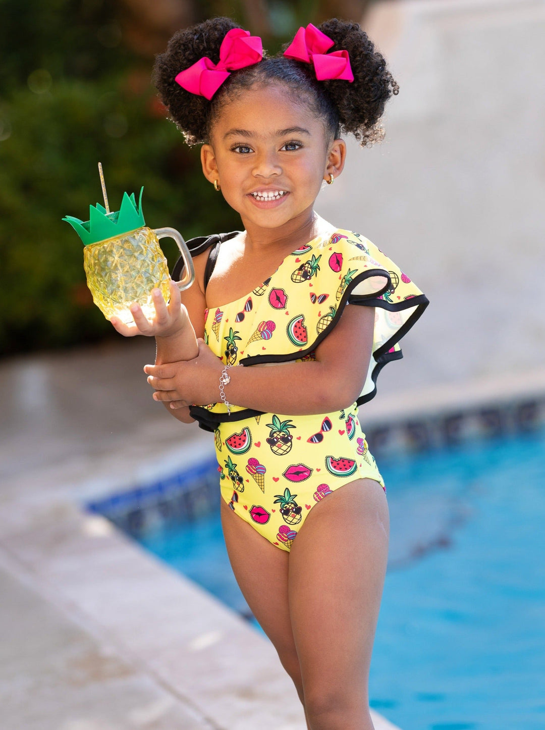 Toddler Swimwear | Girls Tropic Emoji Shoulder One Piece Swimsuit