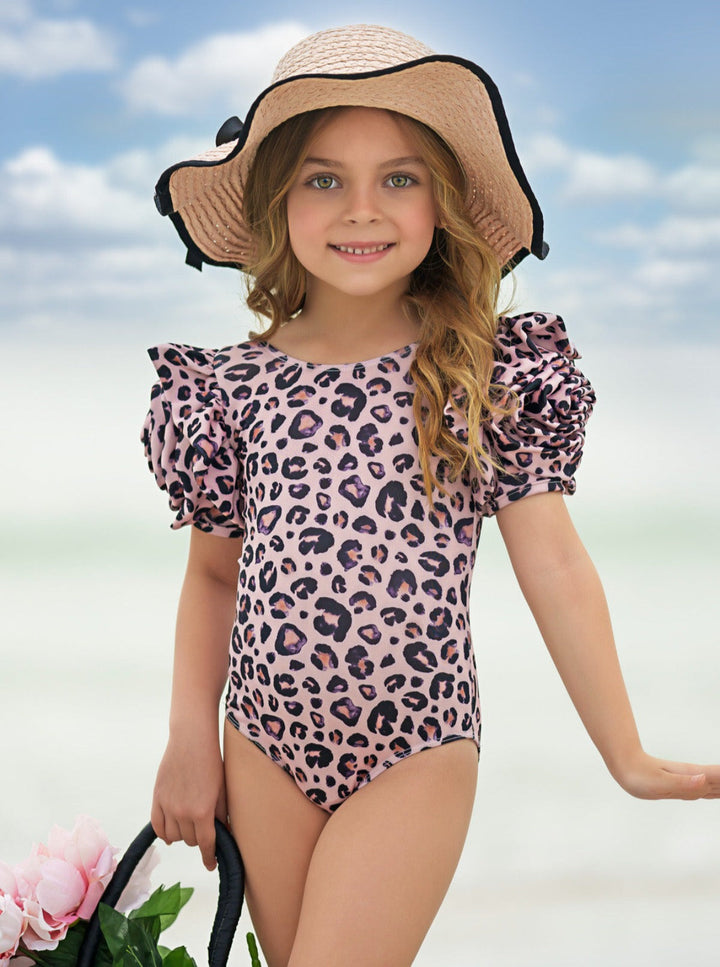 Mia Belle Girls Swimwear | Rose Sleeve Leopard One Piece Swimsuit