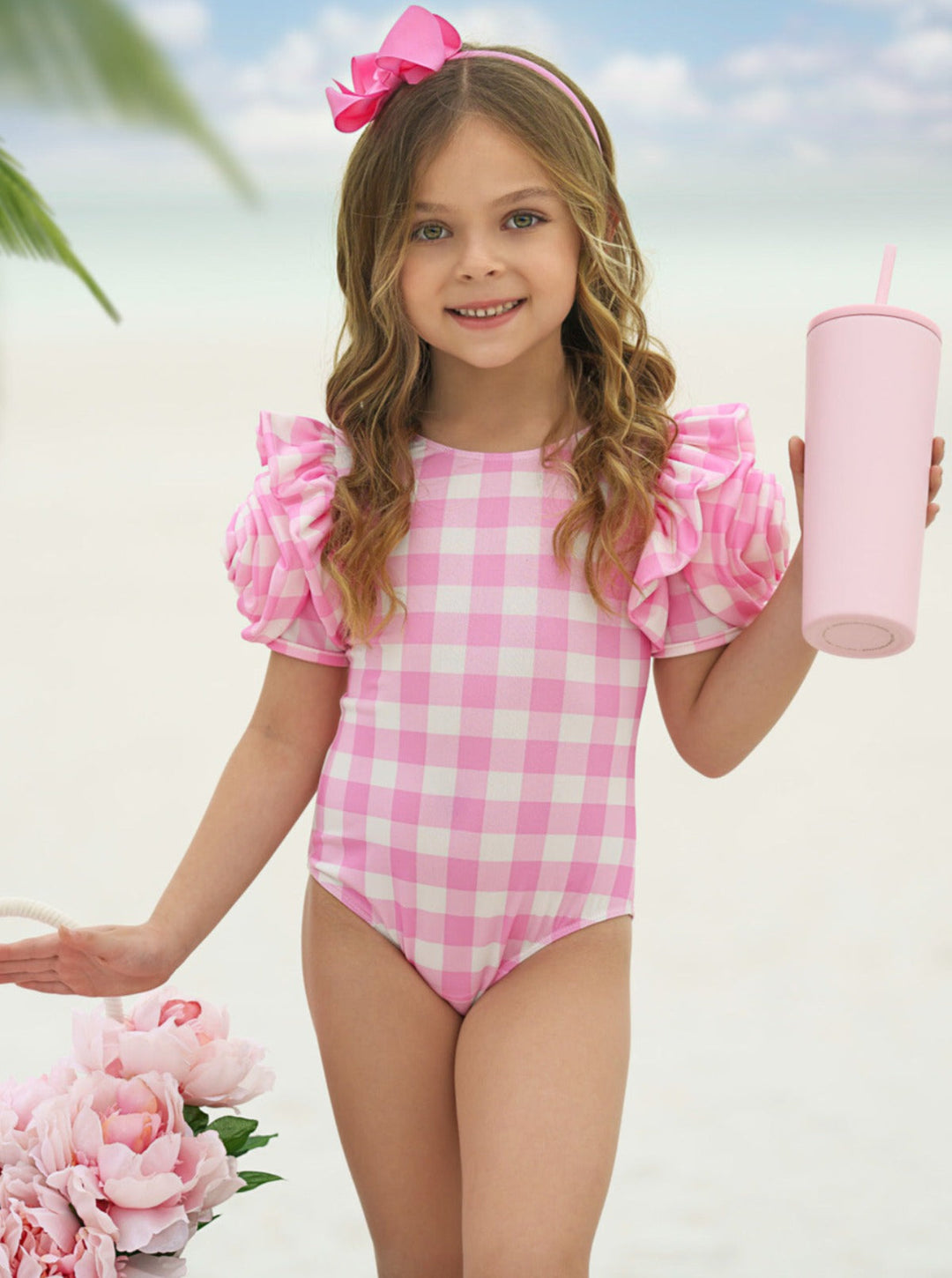 Mia Belle Girls Swimwear | Rose Sleeve Pink Gingham One Piece Swimsuit