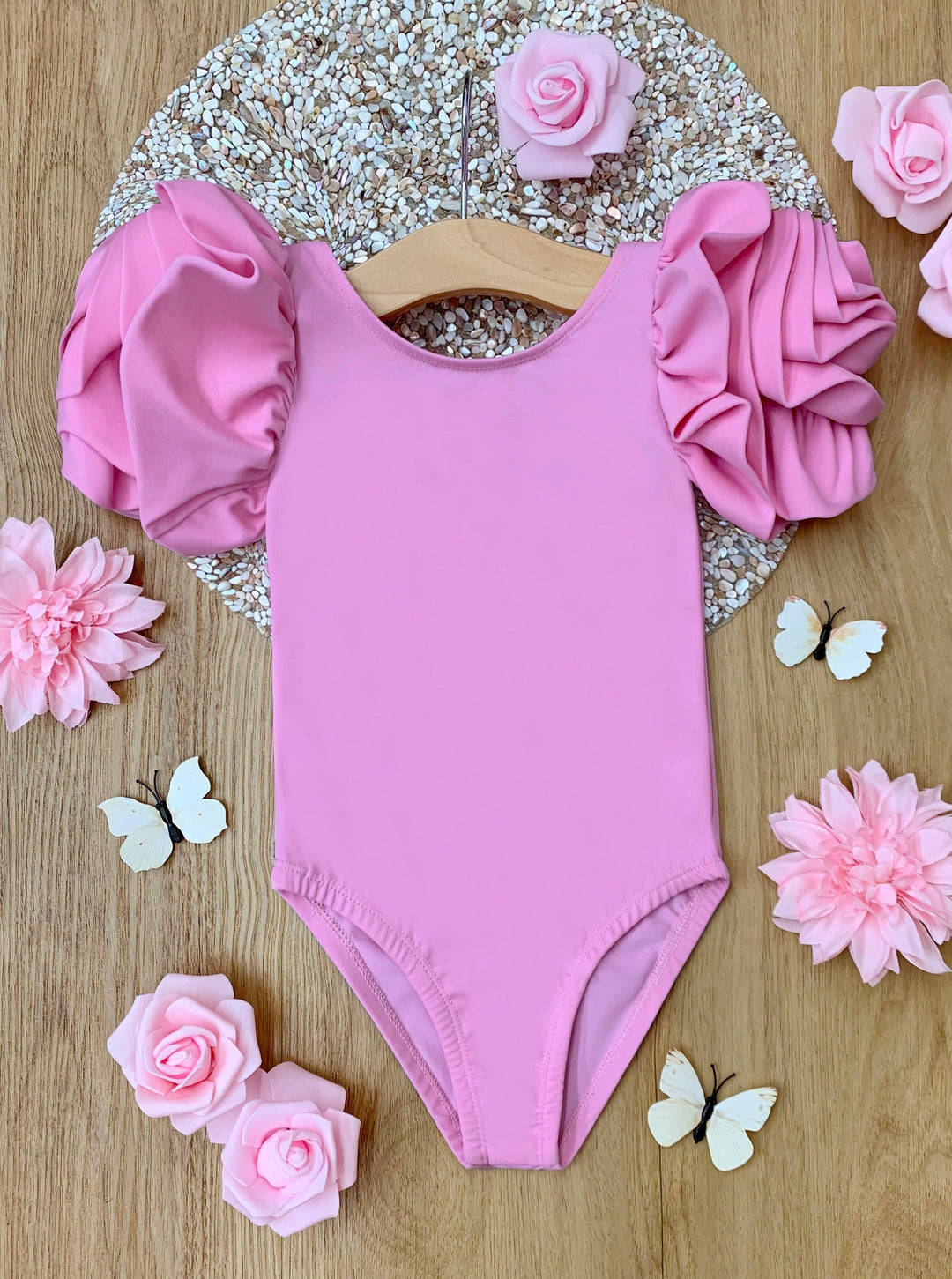 Mia Belle Girls Swimwear | Rose Sleeve Light Pink One Piece Swimsuit