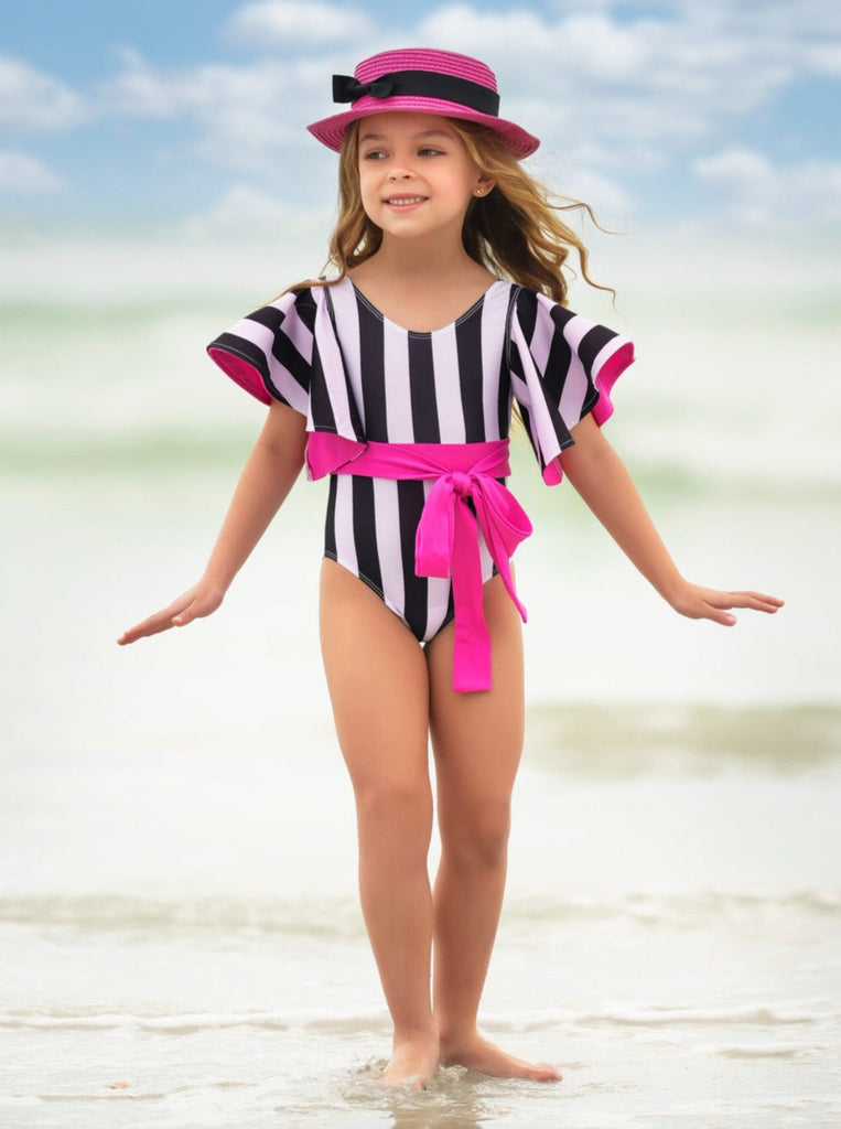 Mia Belle Girls Swimwear Flare Sleeve Striped One Piece Swimsuit