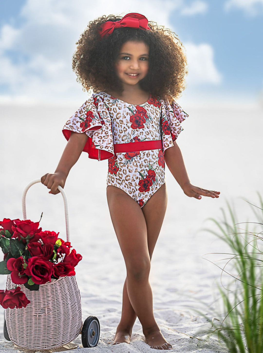 Mia Belle Girls Swimwear | Leopard Flare Sleeve One Piece Swimsuit