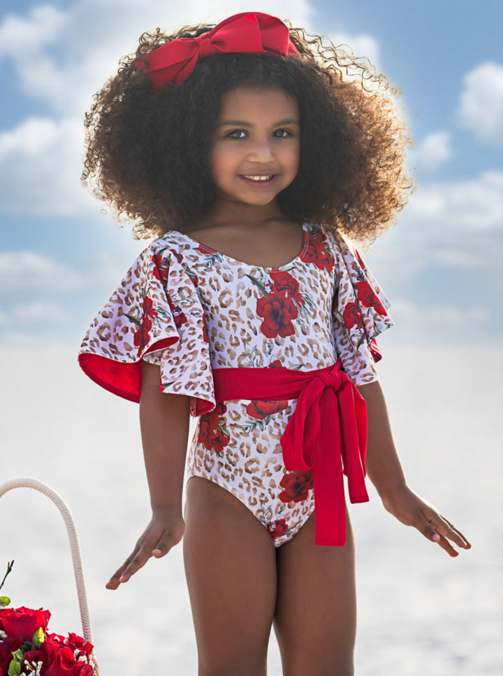 Mia Belle Girls Swimwear | Leopard Flare Sleeve One Piece Swimsuit