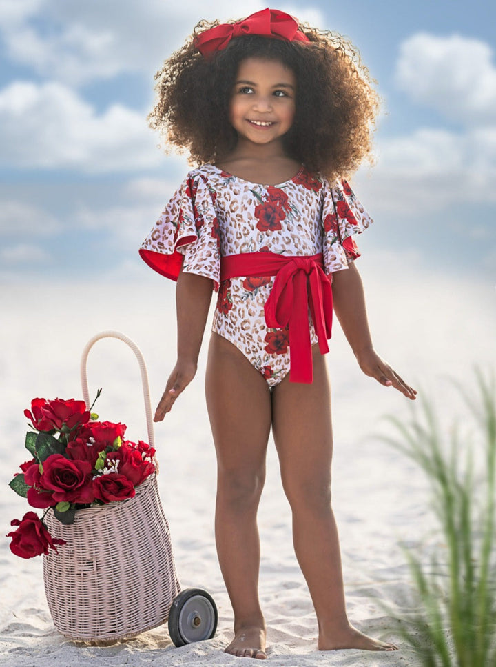 Mia Belle Girls Swimwear | Leopard Flare Sleeve One Piece Swimsuit