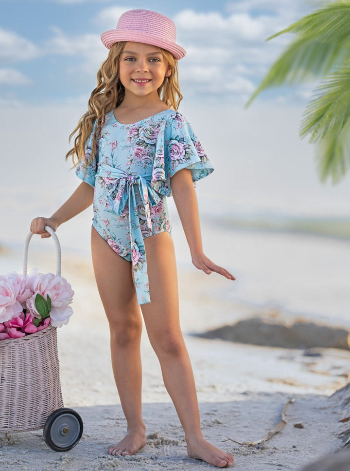 Mia Belle Girls Flare Sleeve Floral One Piece Swimsuit