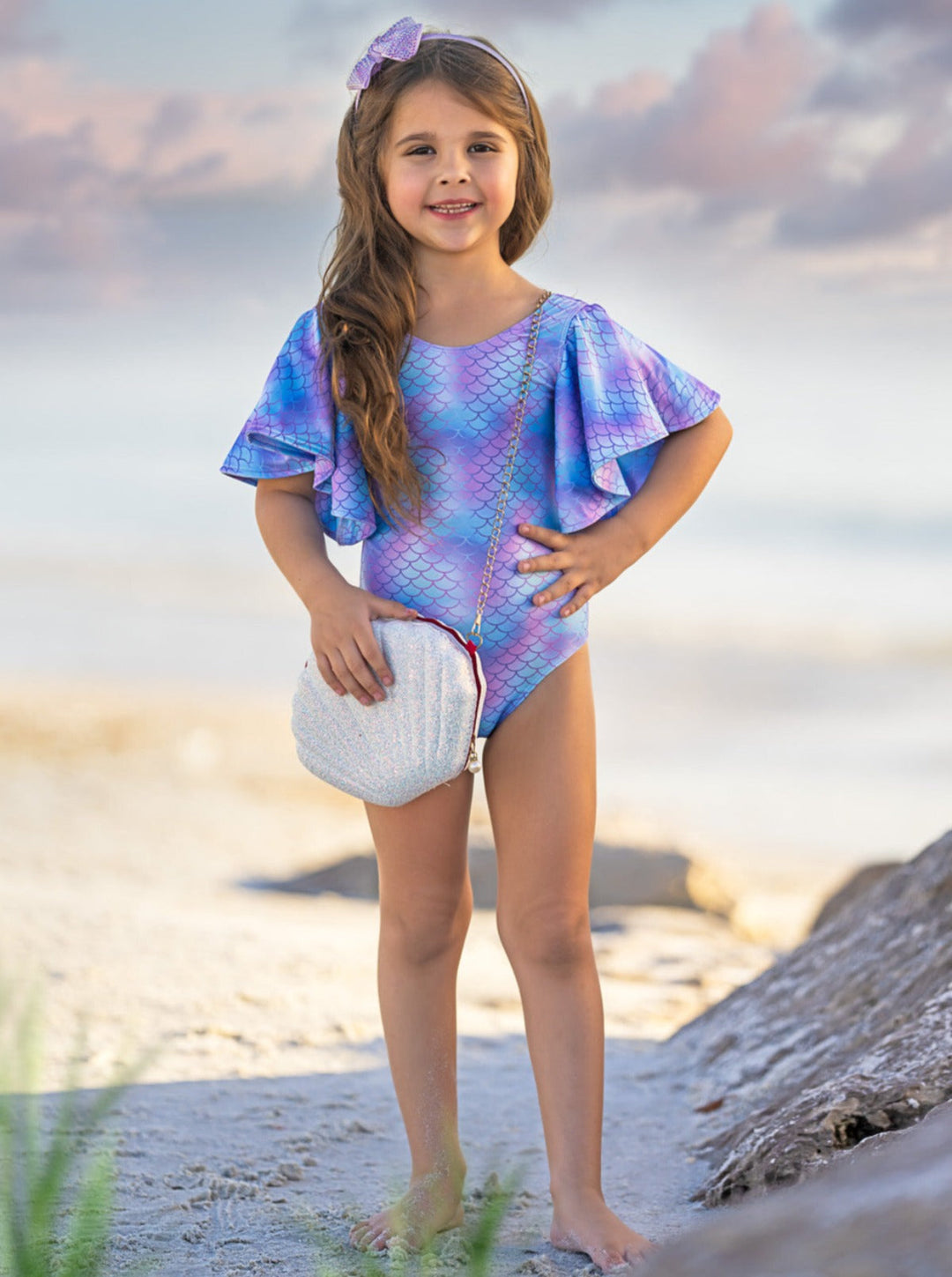 Mia Belle Girls Flare Sleeve Mermaid One Piece Swimsuit