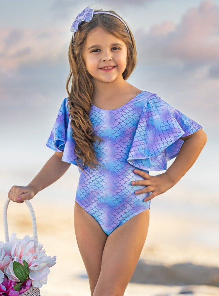 Mia Belle Girls Flare Sleeve Mermaid One Piece Swimsuit