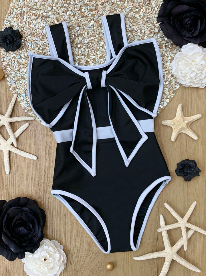 Mia Belle Girls Swimwear | Statement Bow Black One Piece Swimsuit