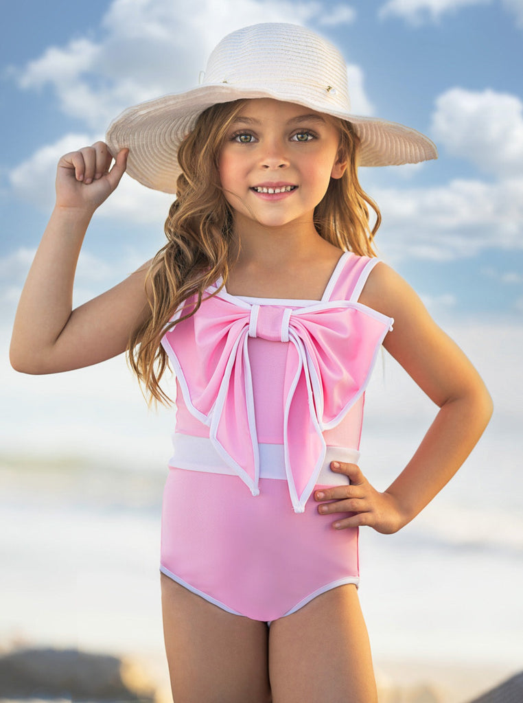 Mia Belle Girls Swimwear  Statement Bow Pink One Piece Swimsuit