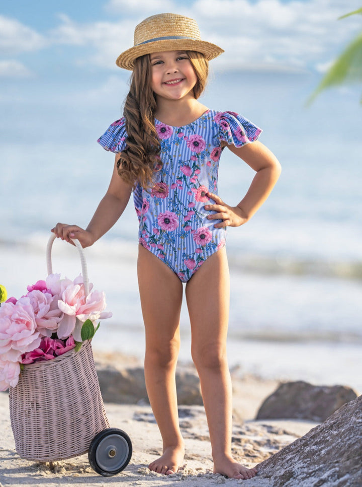 Mia Belle Girls Floral Pinstripe Cap Sleeve One Piece Swimsuit