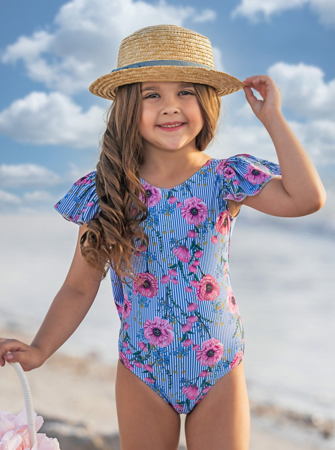 Mia Belle Girls Floral Pinstripe Cap Sleeve One Piece Swimsuit