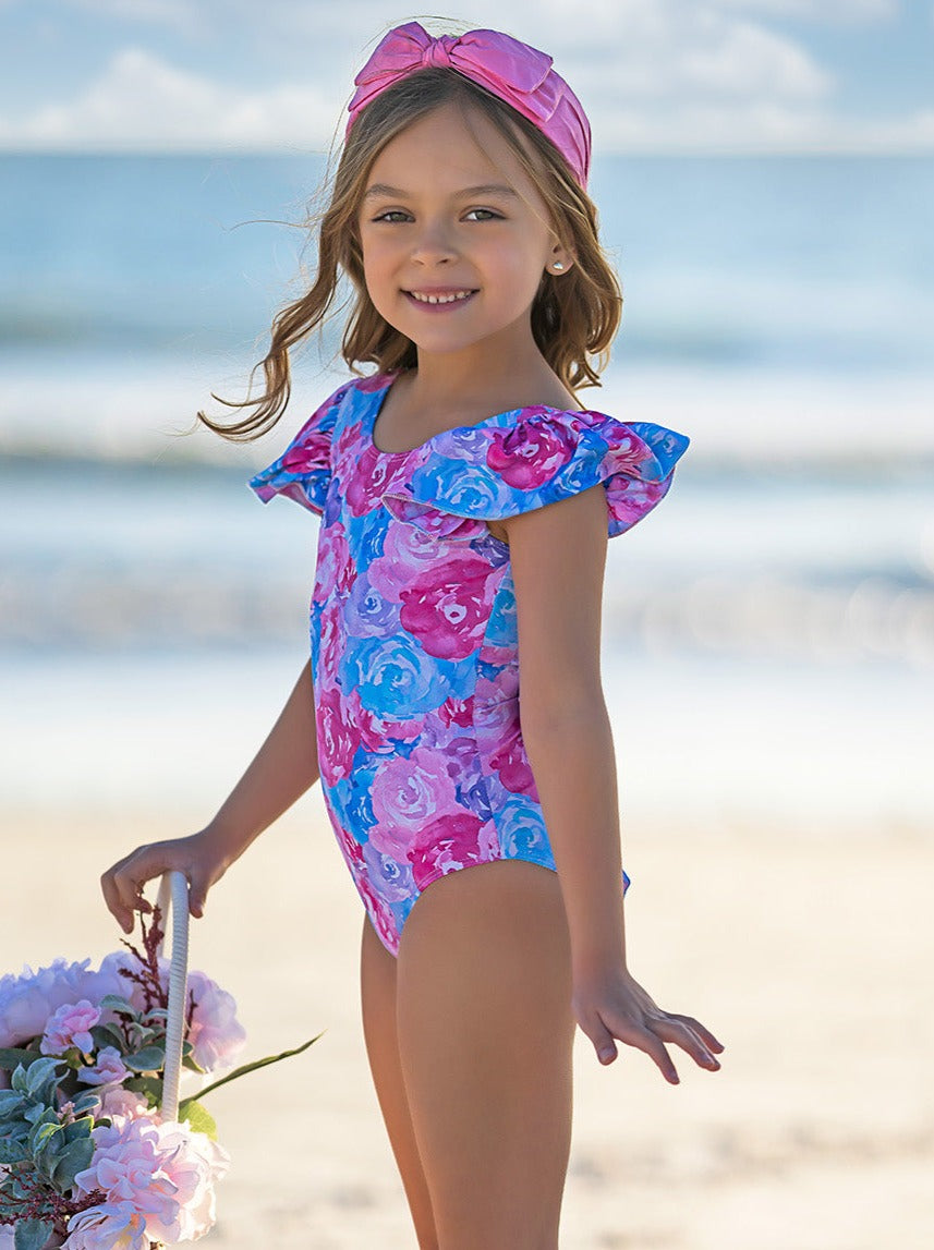 Mia Belle Girls Swimwear | Floral Flutter Sleeve One Piece Swimsuit