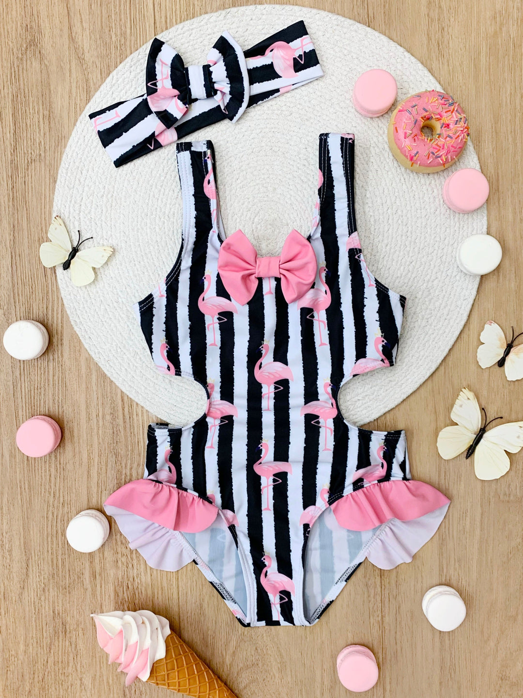 Flamingo Stripes Bow One-Piece Swimsuit