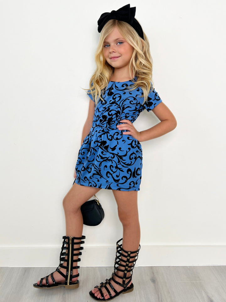 Kids Couture x Mia Belle Girls Blue Black Velvet Brocade Vine Skirt