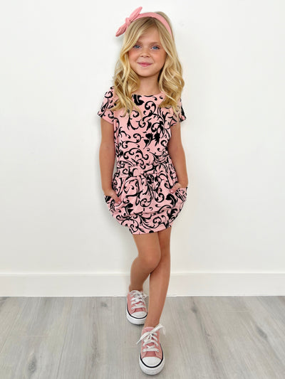 Kids Couture x Mia Belle Girls Pink Black Velvet Brocarde Vine Skirt