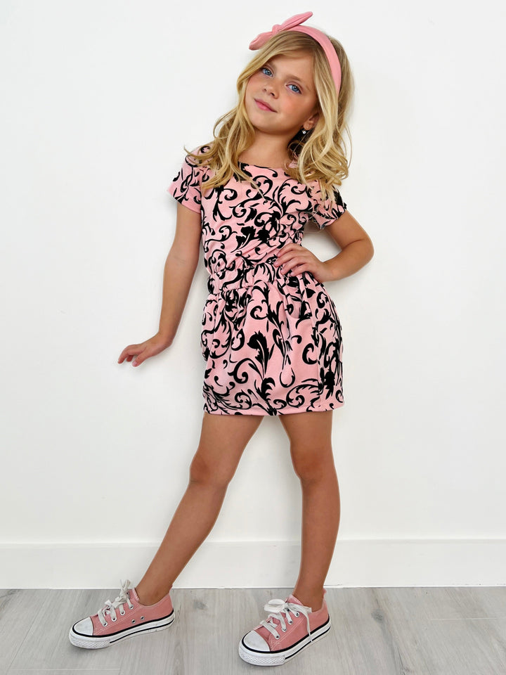 Kids Couture x Mia Belle Girls Pink Black Velvet Brocarde Vine Skirt