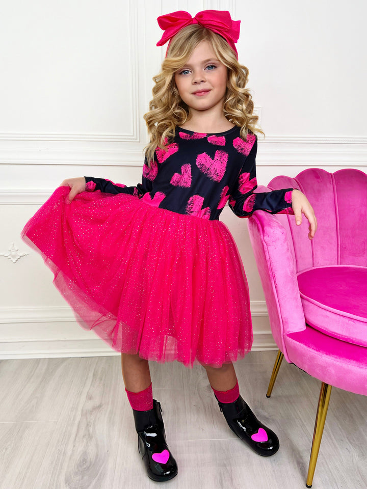 Valentines Day Outfits | Girls Heart Print Sparkle Glitter Tutu Dress