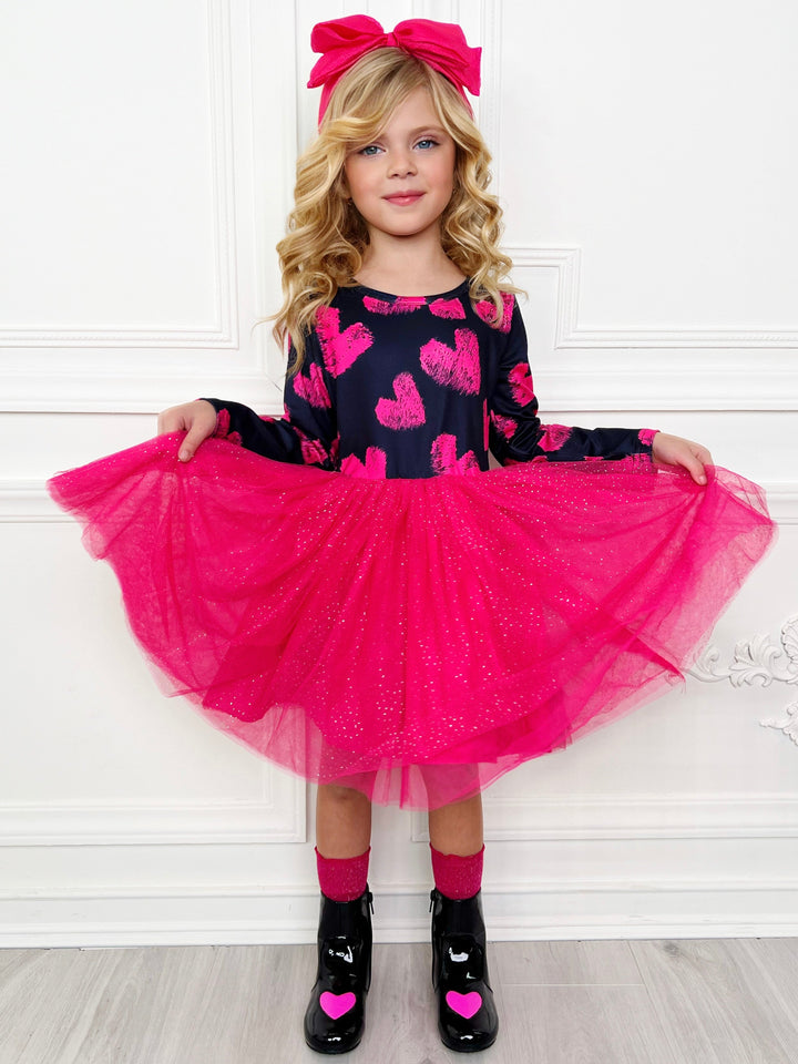 Valentines Day Outfits | Girls Heart Print Sparkle Glitter Tutu Dress