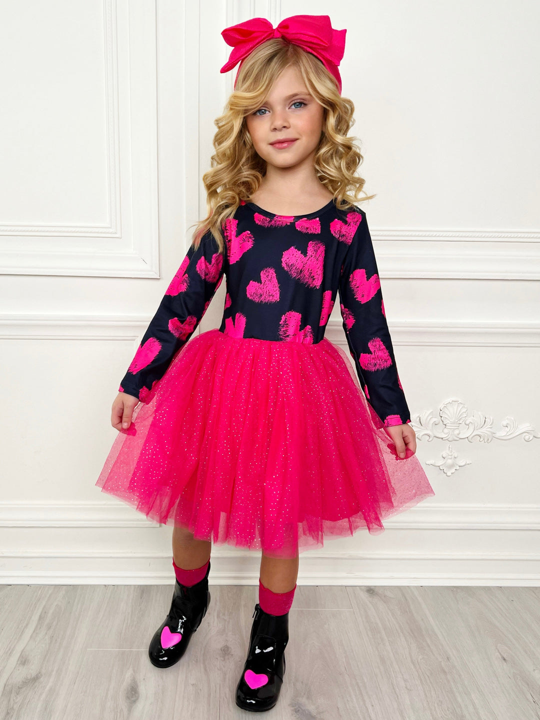 Valentines Day Outfits | Girls Heart Print Sparkle Glitter Tutu Dress