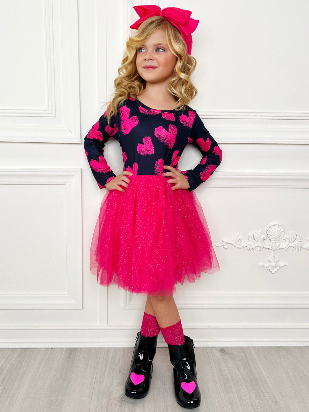 Valentines Day Outfits | Girls Heart Print Sparkle Glitter Tutu Dress