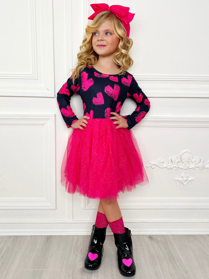 Valentines Day Outfits | Girls Heart Print Sparkle Glitter Tutu Dress