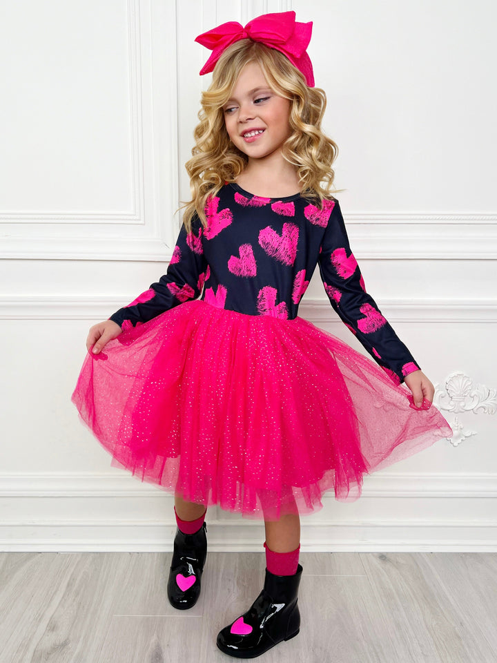 Valentines Day Outfits | Girls Heart Print Sparkle Glitter Tutu Dress