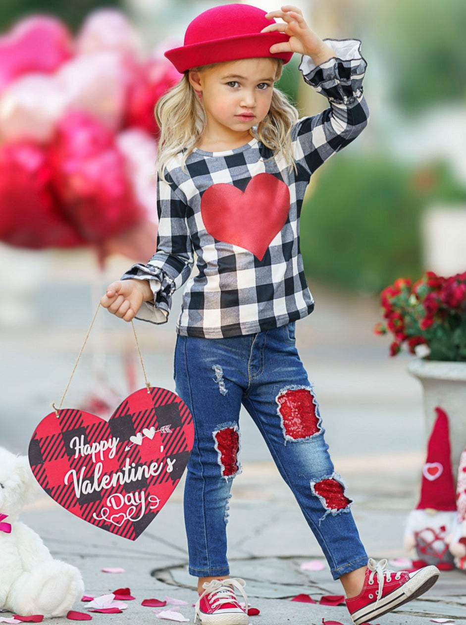 Valentine's Outfit | Girls Glitter Heart Plaid Top & Patched Jeans Set