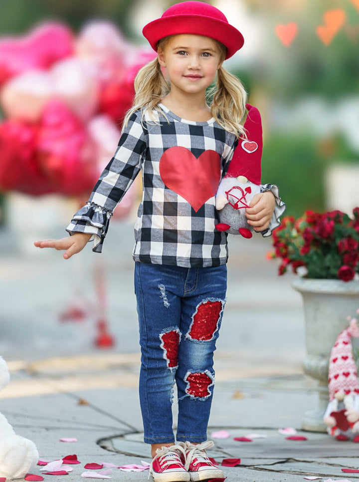 Valentine's Outfit | Girls Glitter Heart Plaid Top & Patched Jeans Set